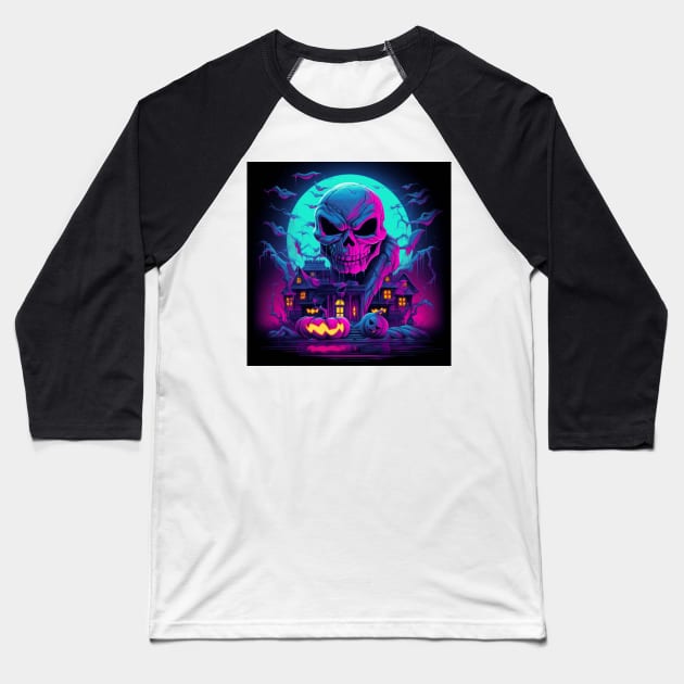 Halloween skull on the roof of a mansion Baseball T-Shirt by Riverside-Moon